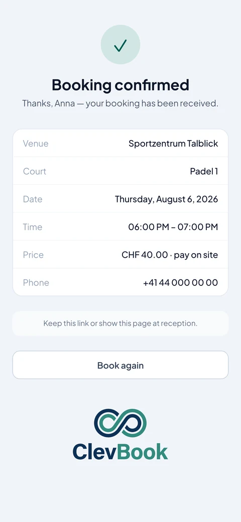 Confirmed booking on a phone: tick, venue, court, date, time and price at a glance.