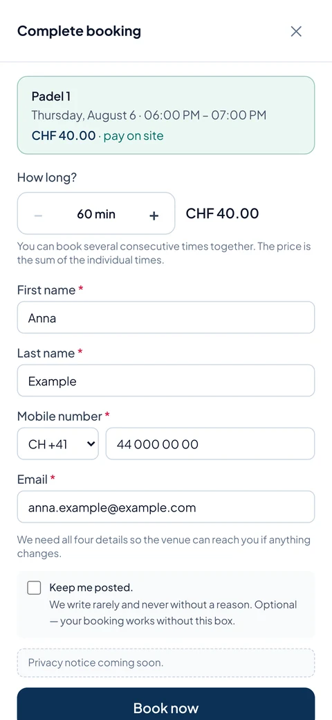 Booking form on a phone: the chosen court with time and price, below it the fields for name and contact details.