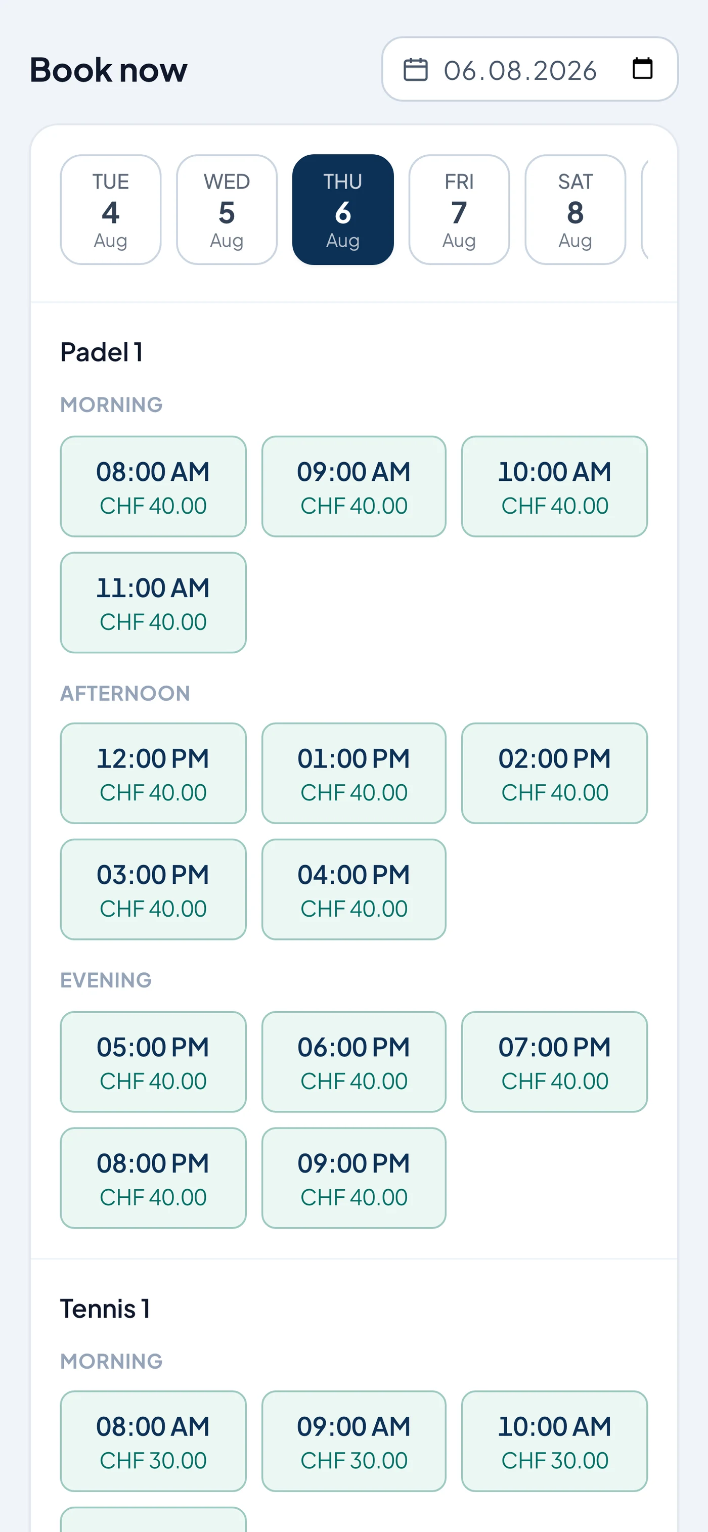 Booking page on a phone: date bar and available times with prices to tap.