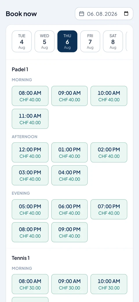 Booking page on a phone: date bar and available times with prices to tap.