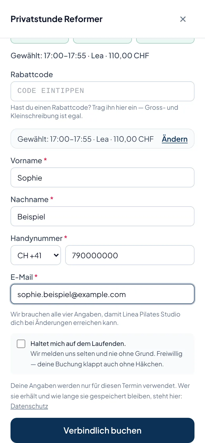 Booking form: private Reformer lesson at 17:00 with Lea, CHF 110.